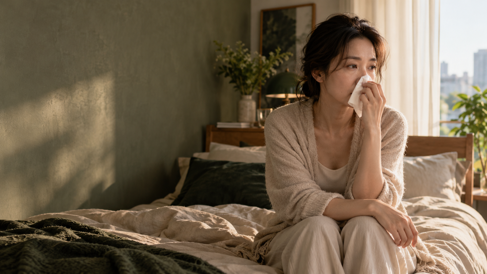 拿著面紙、留意鼻子不適的成年人，生活情境示意